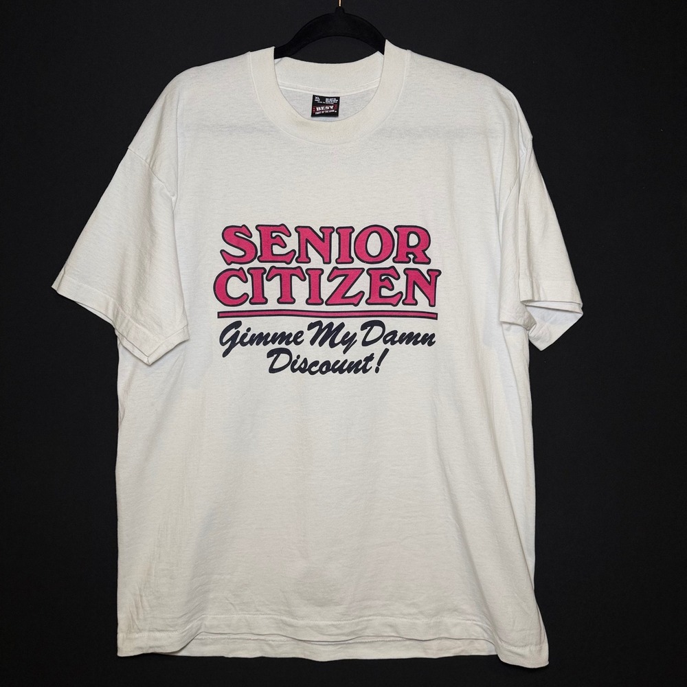 Vtg Fruit of the Loom Best Senior Citizen Discount Shirt Mens XL White 90s USA